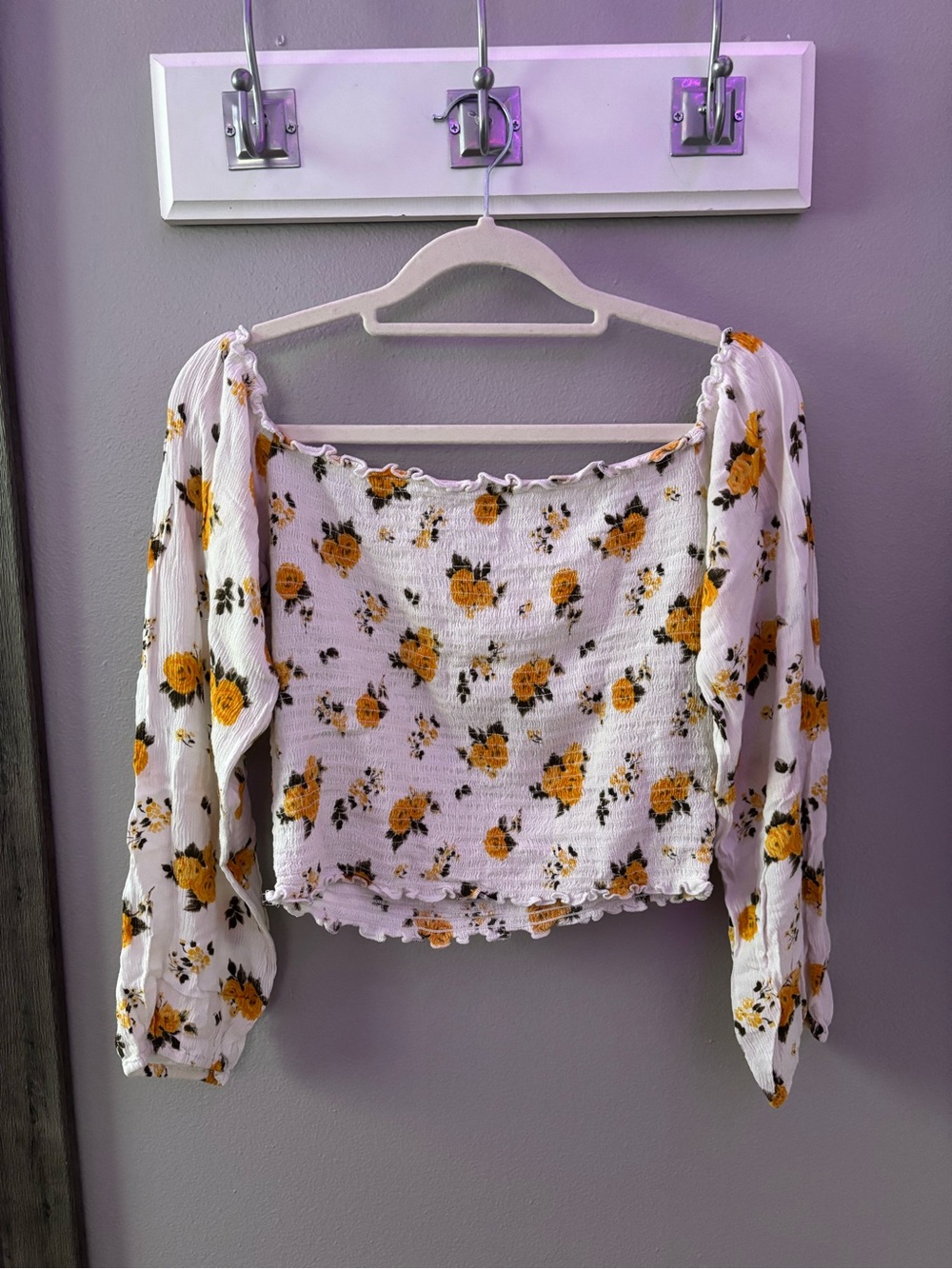 Hollister White Smocked Crop Top with Yellow Rose Print